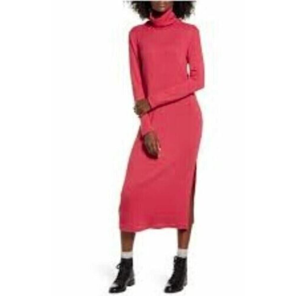 All in Favor Ribbed Turtleneck Midi Sweater Dress Side Slit Deep Claret Small